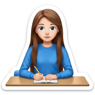 high school class room with a pretty female high school student with long brown hair, blue eyes sticker