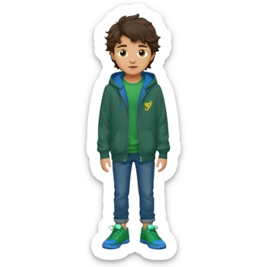 a 14 year old slightly tanned teenage boy with dark brown tousled wavy hair, wearing a green tshirt, with a dark green hoodie overcoat with blue jeans and green shoes sticker