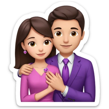 Brunette girl, with an engagement ring on her finger hugging a handsome man, (her boyfriend) both of them happy, she’s wearing a pink dress, he is wearing a suit, he’s also a rich businessman, and there is the 💜 purple heart emoji on top. They look in love with each other sticker