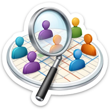 An icon featuring a group of diverse people, a social network diagram, and a magnifying glass, symbolizing sociology. The design includes charts and interconnected lines, representing the study of societies, relationships, and social behavior. Transparent background highlights social analysis. sticker