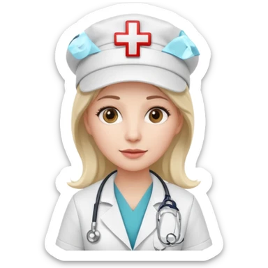 female doctor with white uniform and white hat with hospital logo on hat sticker