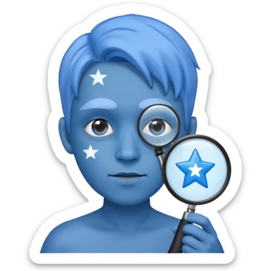 A blue left hand holding a magnifying glass which is showing blue stars sticker