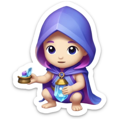 purple, blue, and pink crystal chibi creature holding a lantern inside a crystal-filled cave sticker