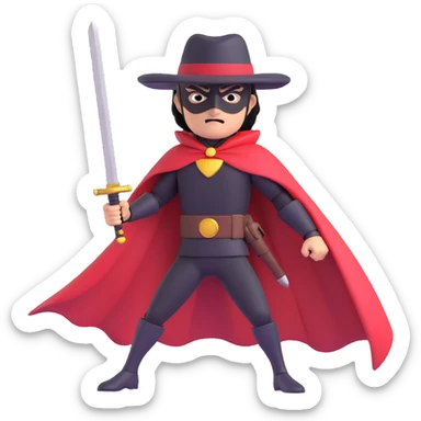 Zorro, masked vigilante with a cape and sword, dynamic pose, iconic hat and mask, bold and heroic expression, emoji style sticker