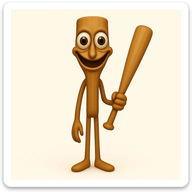 Make the stump character much skinnier and longer, with a face that is even creepier—large, wide, staring eyes and an exaggerated unsettling smile, closely matching the new reference image. Keep arms and legs, holding a baseball bat. Render in emoji style. sticker