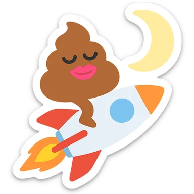 cartoon turd with lipstick sitting on a rocket flying toward the moon, colorful icon sticker