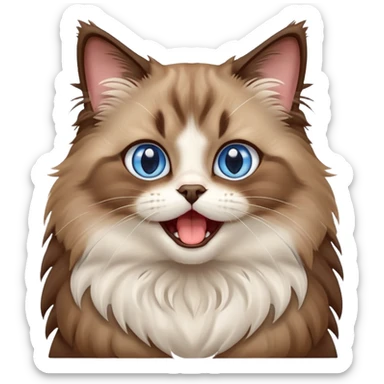 cinematic-adorable-big-eyed-fluffy-brown ragdoll-cat-portrait-emoji,-head-tilted-playfully-with-a-cute,-yawn,-white and brwon fur,-simplified-yet-irresistibly-cute-features, blue eyes sticker