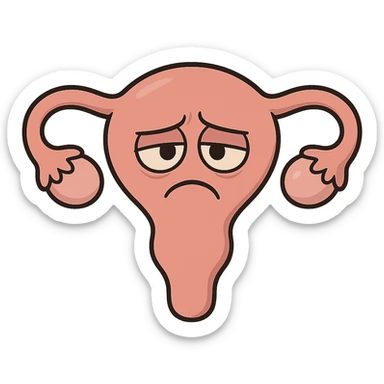 a uterus character with downturned eyes and frown, subtle shading, minimal background, friendly and relatable sticker