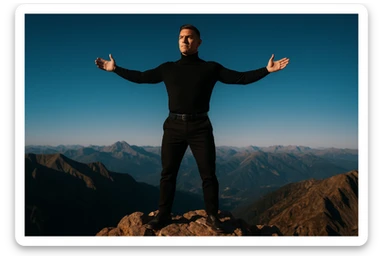 uomo che arriva in cima alla vetta accogliendo le sfide della vita e le supera senza paura, iperrealistica cinematografica 4k sticker