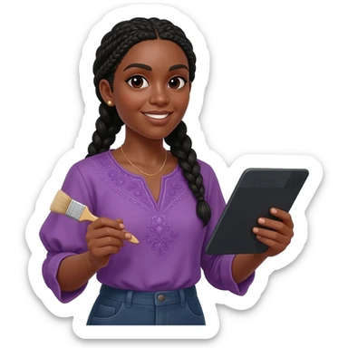 Emoji représentant une femme à la peau marron avec de longues braids noires et portant une belle chemise violette, tenant une tablette graphique dans une main et un pinceau dans l’autre sticker