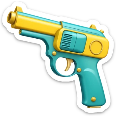 Teal and yellow Gamma Tasman pistol cartoony ray gun sticker