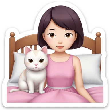 Short hair Asian girl wake up with white cat in pink dress  sticker