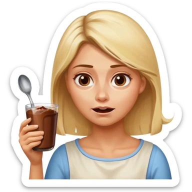 Nutella with a spoon. The glas of Nutella is almost empty . Only the one carriage of Nutella. Next to the Nutella is the head of a blond woman who is desperate to eat the Nutella  sticker