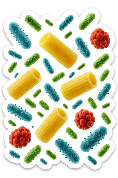 SEI BATTERI intestinALI FLUTTUANO IN ARIA CON PENNE DI PASTA RIGATE, IPERREALISTICO 4K sticker