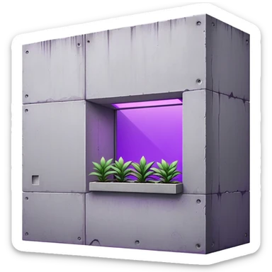 Minimalist gray concrete panel building, slight ghetto vibe, one window with bright purple ultraviolet light for growing plants, simple rectangular shape, stark and bare sticker