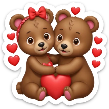 female bear with bow on her head and male bear hugging, couple, surrounded by hearts, playful and loving, cute sticker