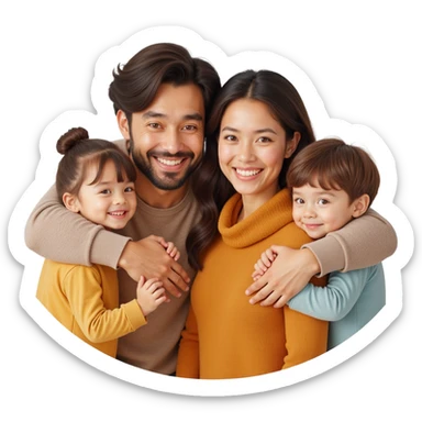 closeup front angle shot of a smiling family with parents and two children, realistic textures, soft lighting, skeuomorphism style sticker