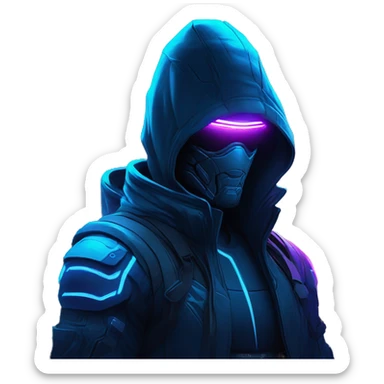 Hacker behind his laptop with this style : crysis Cyberpunk Valorant neon glowing bright blue character blue black hooded assassin themed character sticker