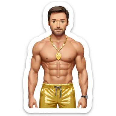 Hugh Jackman with yellow sequin baggy pants, shirtless with necklace sticker