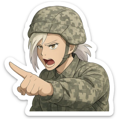 Style of Anime, 1 female, gold yellow eyes, white hair lavender tips, locks in front, mohawk, long white braid, she is a drill sergeant at work, focused facial expression, shouting command, eyes looking down in front of her, pointing a blade hand gesture to the forward direction, uniform of gray large scale digital camo. her head is covered with a PAGS style wrapped ballistic helmet sticker