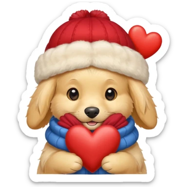 English cream golden retriever cartoon cuddling with winter hats and heart in between them sticker