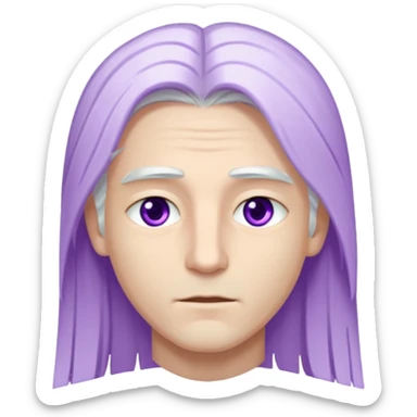 Beyaz uzun ve düz saçları olan,mor göz rengi olan, bembeyaz tenli bir erkek,genç,gözleri hafif çekik ve saçları da teni de bembeyaz olacak,genç olacak,kırışıklığı olmayacak,gözleri çekik ve mor renk olacak sticker