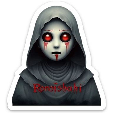 Dark horror wallpaper, 1080x2400, smoky grey charcoal background, subtle eerie light, misty fog, floating dust ("dhoasha dhoasha"), centered text "ROJONI" in distressed horror font, faint red smears, cinematic grain, spooky vibe --ar 9:20 --v 5 sticker