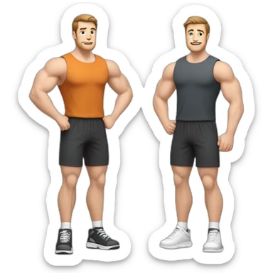 Full height Actively gesturing with hands Pale skinned Fit Man With the biceps and brown hair in dark gray Sleeveless Mike, black oversize sports shorts, watch and white Sneakers sticker