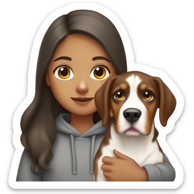 girl with long brown hair wearing a grey sweatshirt and holding a greater swiss mountain dog sticker