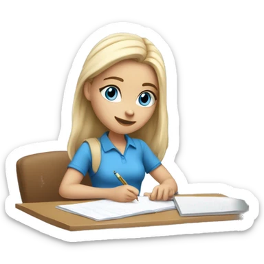 White Smart girl with blue eyes and light skin doing Homework on a desk writing on a piece of paper  sticker