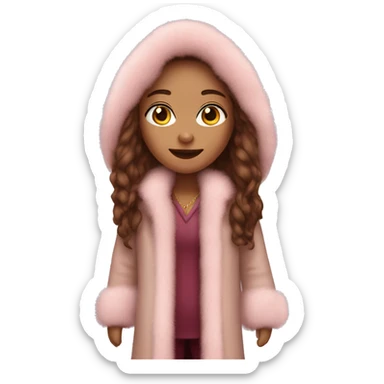 Burgundy long haired girl wearing Pale pink full length fur coat sticker