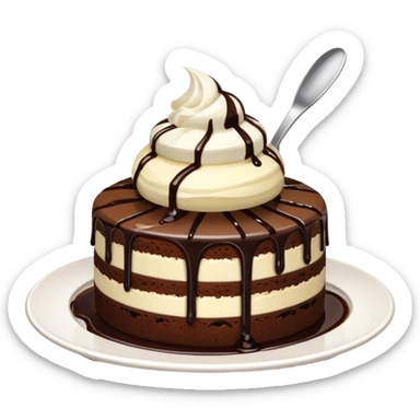 round chocolate cake with a scoop of vanilla ice cream, chocolate syrup drizzle, on a white plate, minimal and clean emoji style sticker