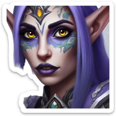 Tattooed night elf in world of warcraft style, oil paint, mysterious eyes, intricate lips, masterpiece portrait, beautiful, desirable, logical sticker