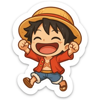 Chibi cartoon of Luffy from One Piece, joyful expression sticker