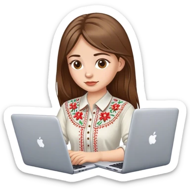 A Ukrainian girl with brown hair in an embroidered shirt works at her laptop sticker