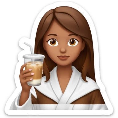 Side profile of a girl with brown hair in a robe and towel sipping iced coffee sticker