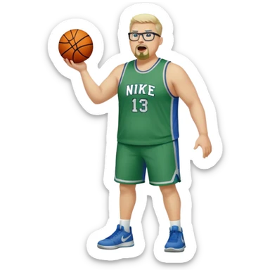 Full Body white male plus size wearing glasses with a goatee with light blonde and gray very short hair yelling basketball head Coach in blue and green wearing Nike  sticker