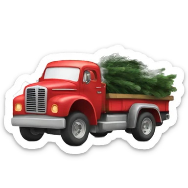 little red truck hauling a christmas tree sticker