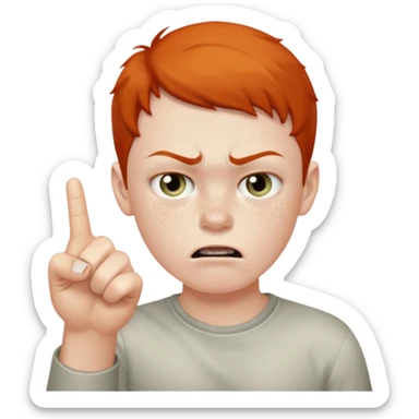 angry young boy pointing fingure at his own face sticker