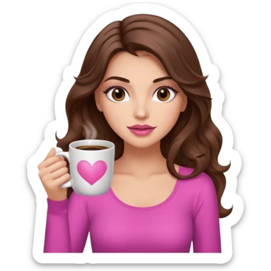 girl with long wavy brown hair, brown eyes, long lashes, makeup ,sexy pink lips, light to medium complexion, pink sexy top, with a coffee mug sticker