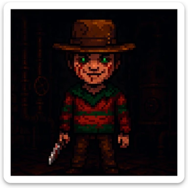 Add a spooky, nightmarish background with a boiler room and dark shadows behind Freddy Krueger, keep pixel art style sticker