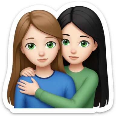 una ragazza dall‘ età di 19 anni con capelli castani chiaro lunghi e lisci ,  occhi celesti,  e una ragazza di 17 anni capelli neri occhi verdi che si abbracciano   sticker