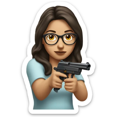 brunette girl wearing glasses shooting a fake gun sticker