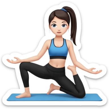 A girl with fair skin and a caring blush. Her eyes are big, expressive, blue. Her hair is long, straight, dark brown.
 in a ponytail, she is wearing black leggings and a black sports bra. doing yoga sticker