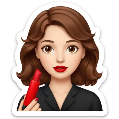 Chica de color blanco cabello ondulado color castaño sosteniendo un labial sticker