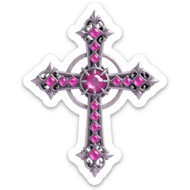 3D gothic cross with pink gemstones, intricate details, metallic finish sticker