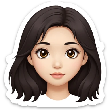 Asian girl with very long shaggy deep dark brown hair, big dark eyes. long lower lashes, cheekbones with blush. big dimples. long hair sticker