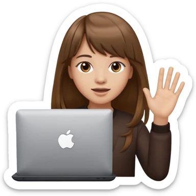a designer with light skin long brown hair bangs waving with computer, no glasses sticker