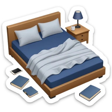 messy bed with a wrinkled blanket, the pillow out of place on the floor. Around the bed, scattered items include a t-shirt, pants, and an open book on the floor. sticker