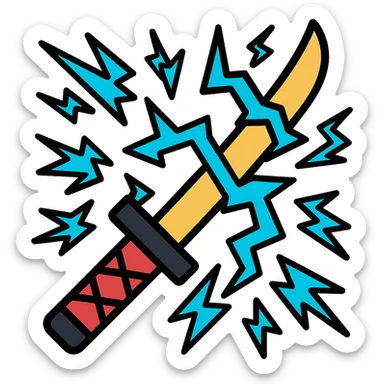Add more intense blue lightning bolts around the katana, with varied shapes and directions, no background, keep icon style consistent with lineal color icon with black outlines. sticker